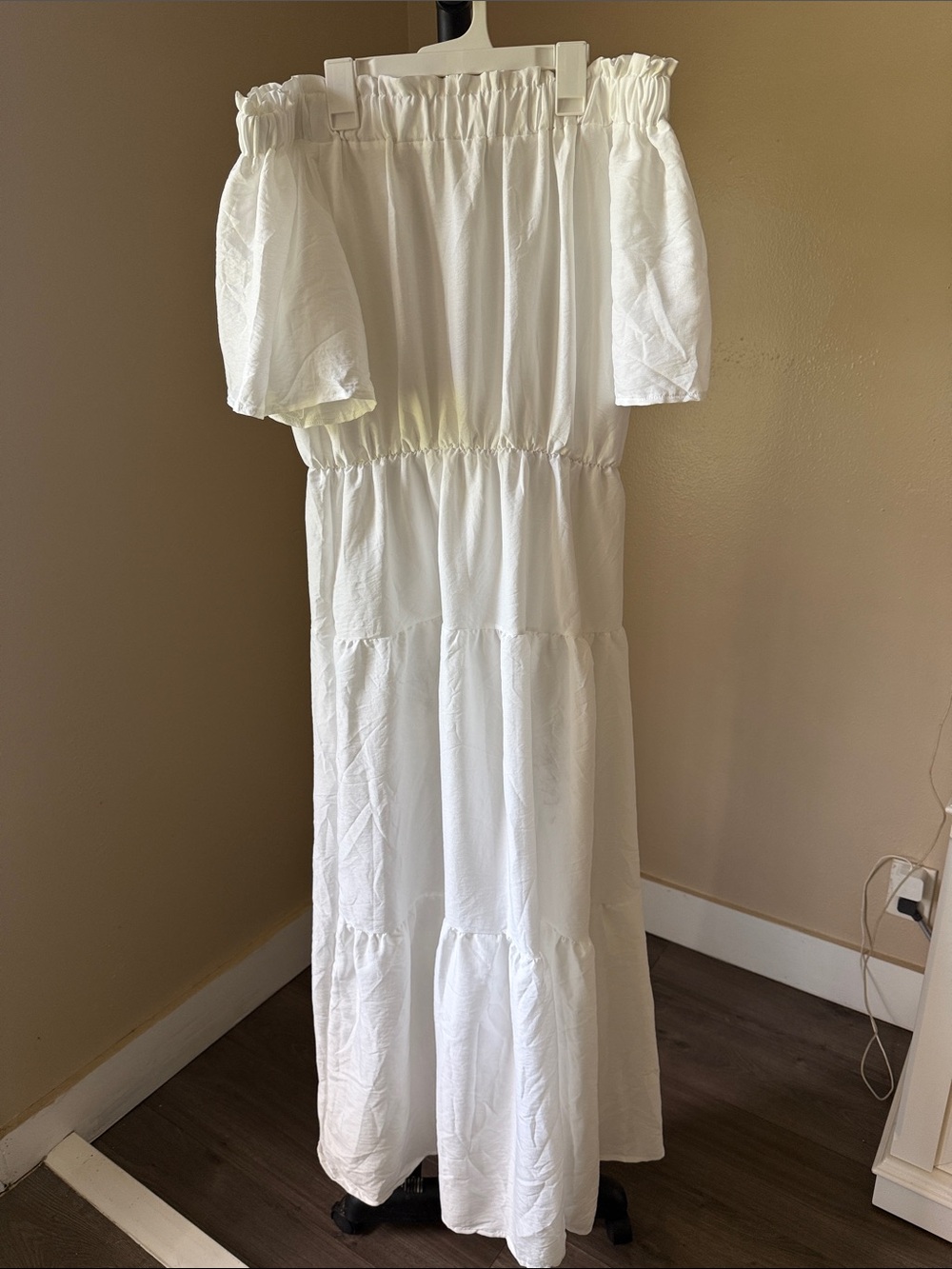Off-Shoulder White Tiered Maxi Dress